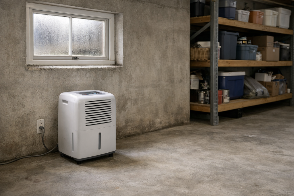 basement dehumidifier removing moisture in a residential basement environment