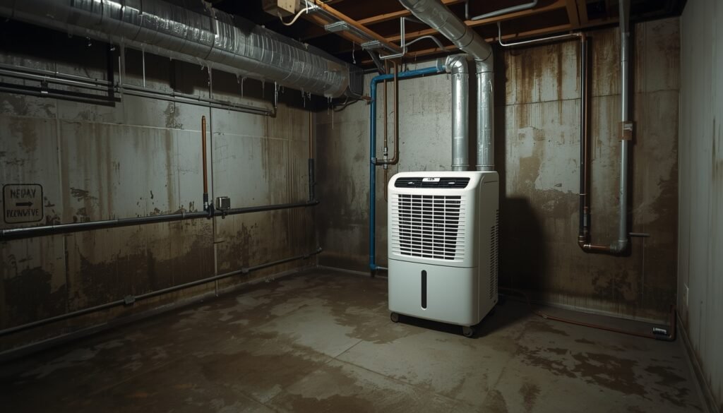 Basement dehumidifier reducing humidity in damp basement