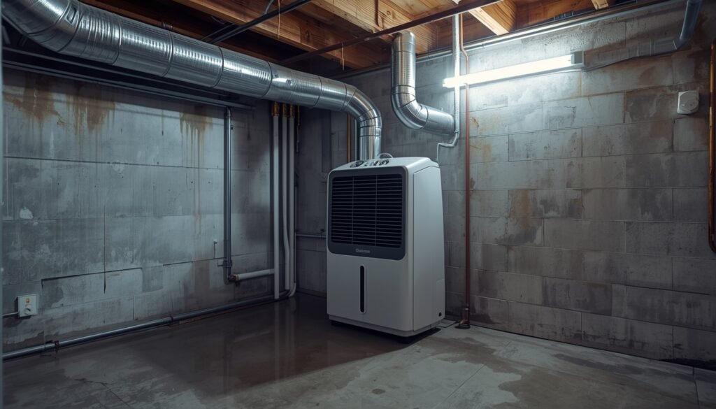 Dehumidifier maintaining humidity control in basement
