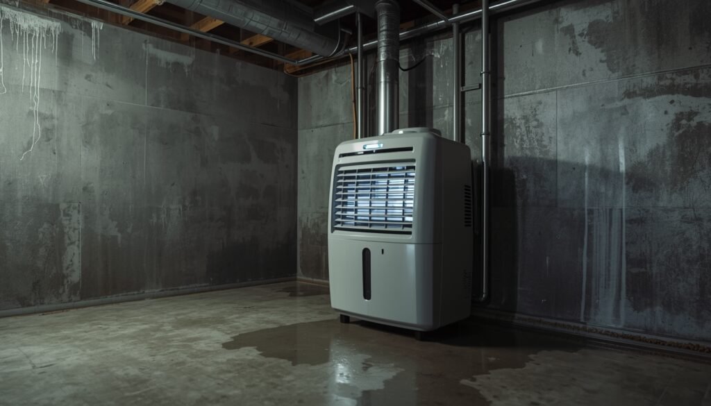 Basement dehumidifier running continuously to control moisture