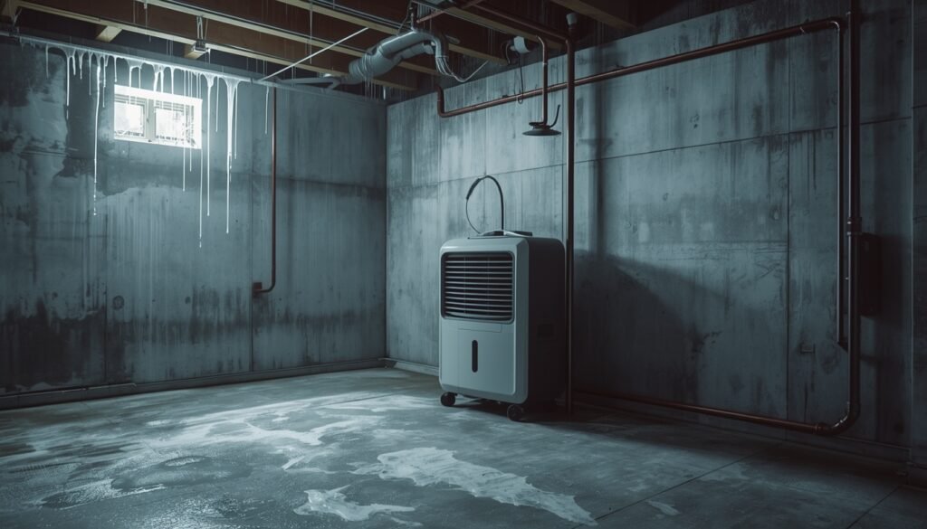 Dehumidifier used in unfinished basement to reduce dampness