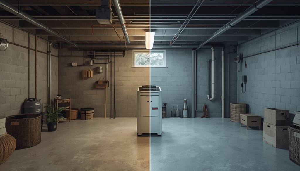 Dehumidifier improving basement air quality and reducing odors