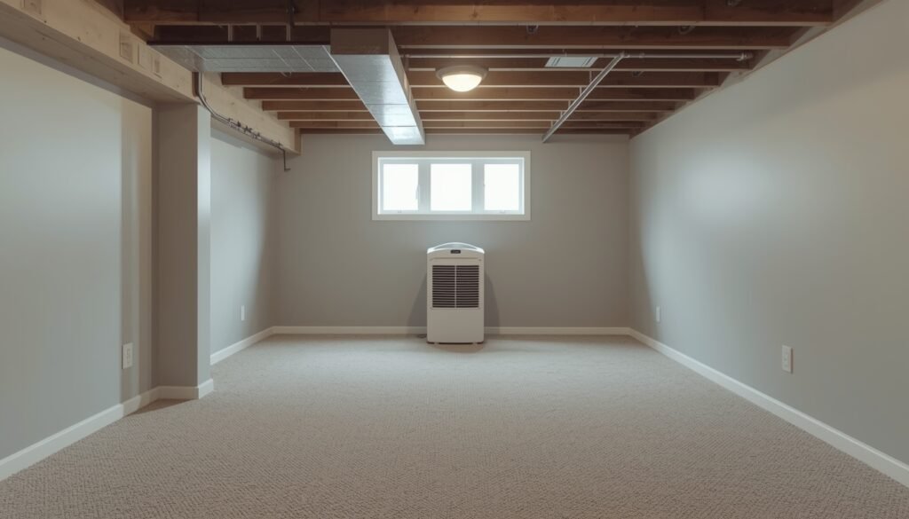“Basement dehumidifier maintaining dry and controlled humidity levels in a residential basement”
